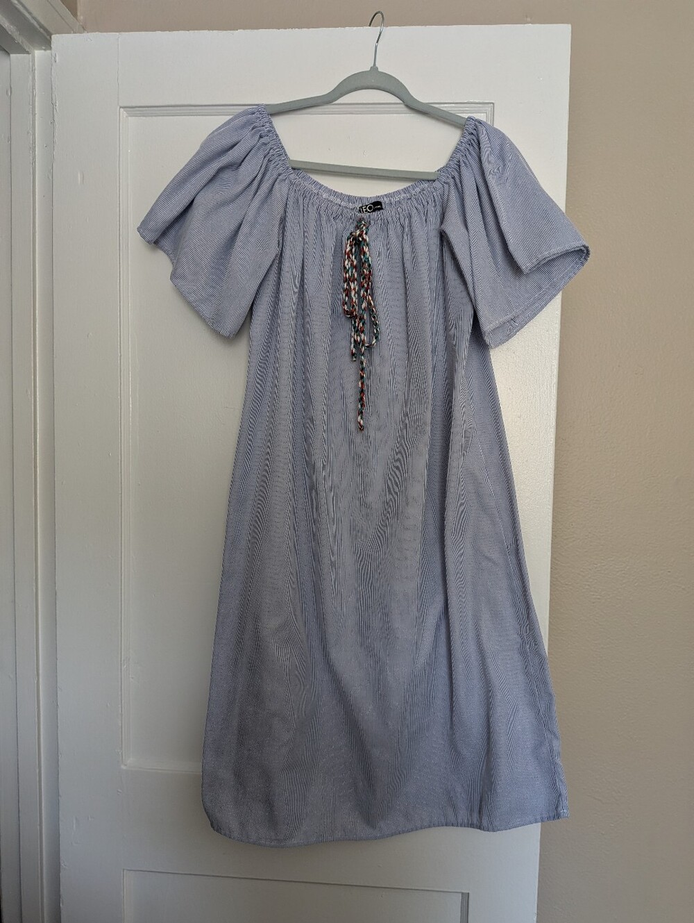 Mumu Sz 2x Pinstripe Blue With Bell Sleeves And Braided Embellishments